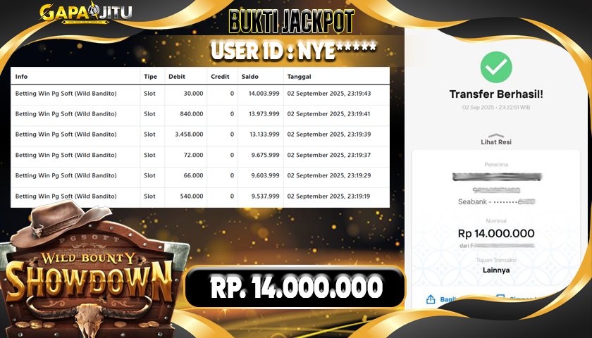 GAPAIJITU JACKPOT WILD BOUNTY SHOWDOWN Rp.14.000.000.,- LUNAS