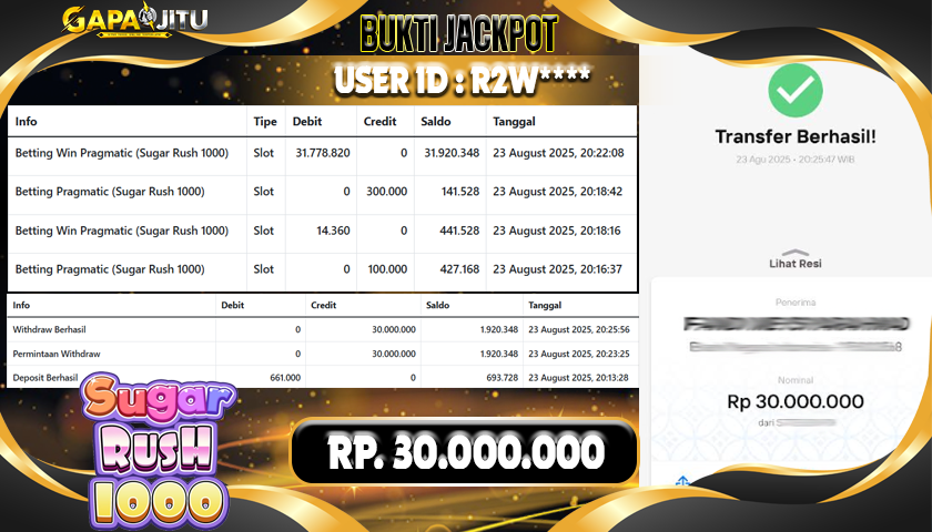 GAPAIJITU JACKPOT SUGAR RUSH 1000 Rp.30.000.000.,- LUNAS